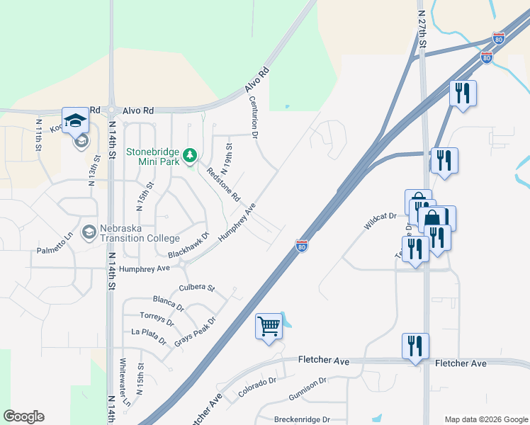 map of restaurants, bars, coffee shops, grocery stores, and more near 1961 West Shane Drive in Lincoln