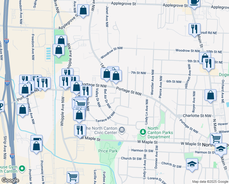 map of restaurants, bars, coffee shops, grocery stores, and more near 1318 Portage Street Northwest in North Canton