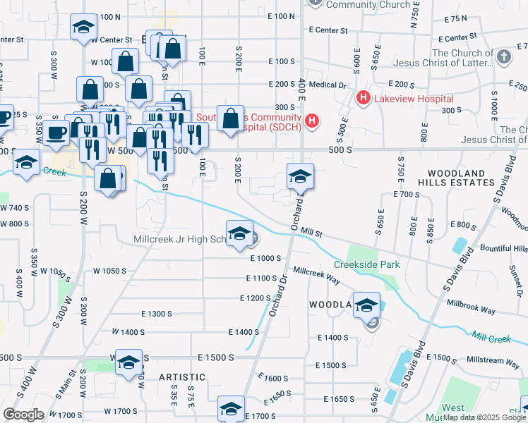 map of restaurants, bars, coffee shops, grocery stores, and more near 273 Mill Street in Bountiful