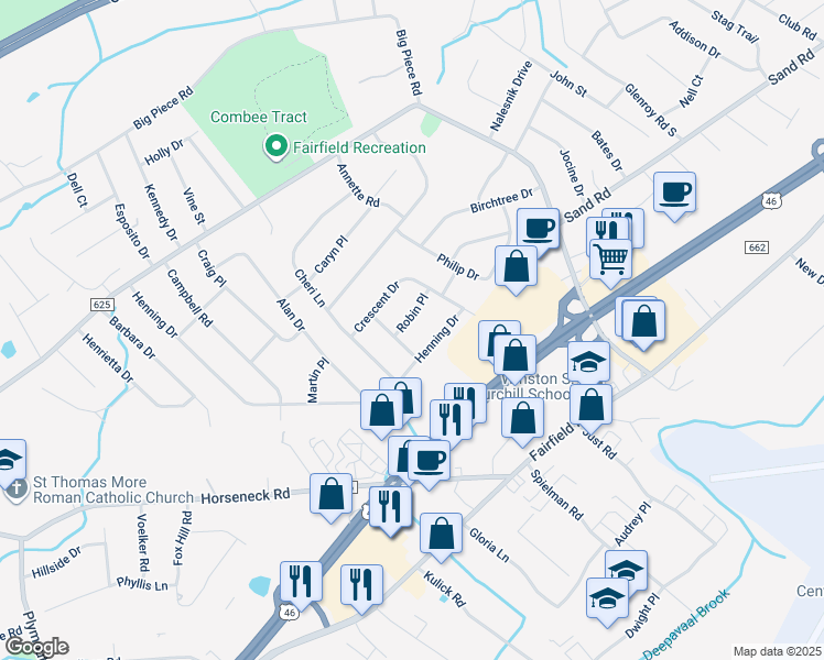 map of restaurants, bars, coffee shops, grocery stores, and more near 81 Henning Drive in Fairfield