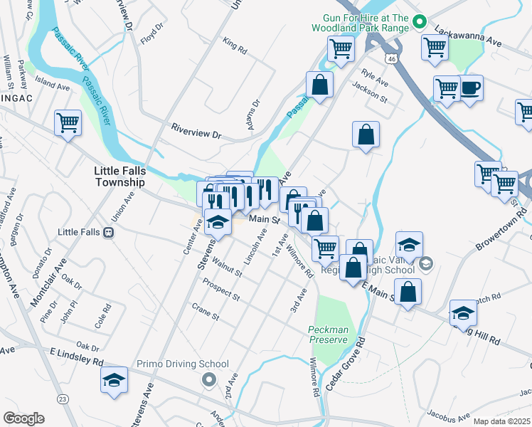 map of restaurants, bars, coffee shops, grocery stores, and more near 44 Main Street in Little Falls