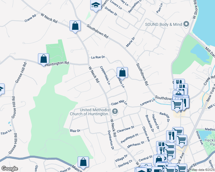 map of restaurants, bars, coffee shops, grocery stores, and more near 225 West Neck Road in Huntington