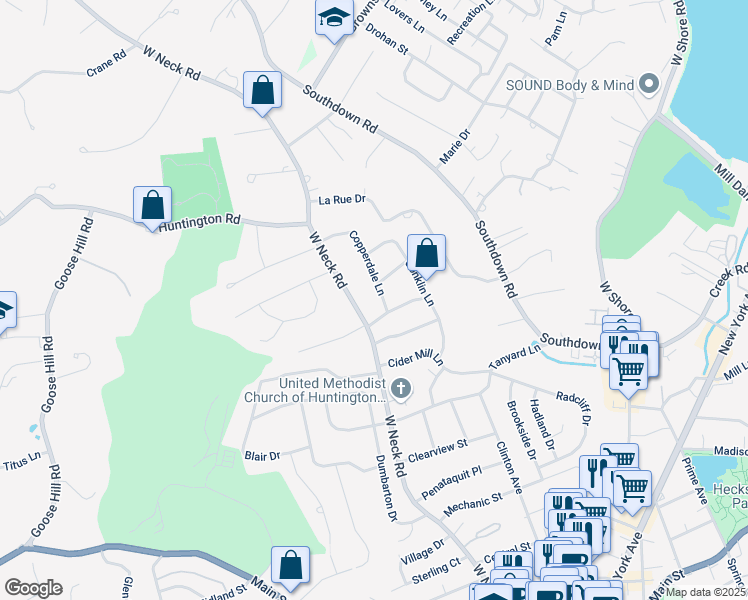 map of restaurants, bars, coffee shops, grocery stores, and more near 225 West Neck Road in Huntington