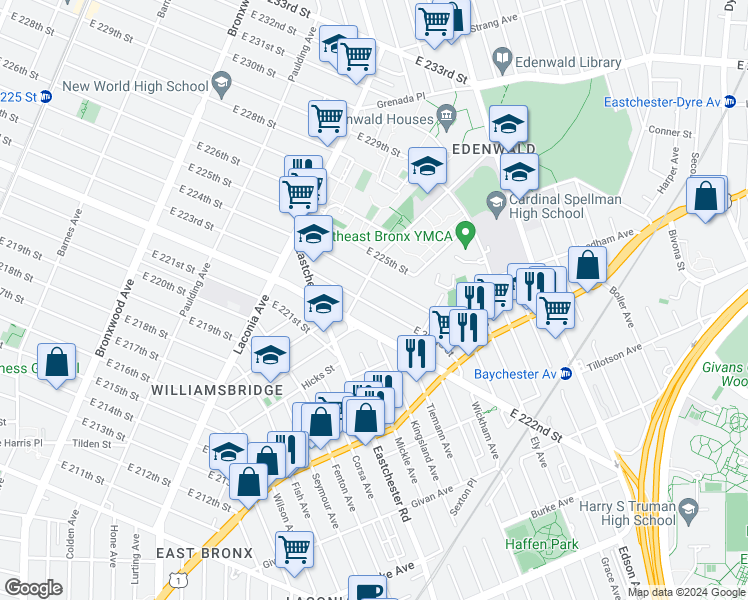 map of restaurants, bars, coffee shops, grocery stores, and more near 1226 East 223rd Street in Bronx