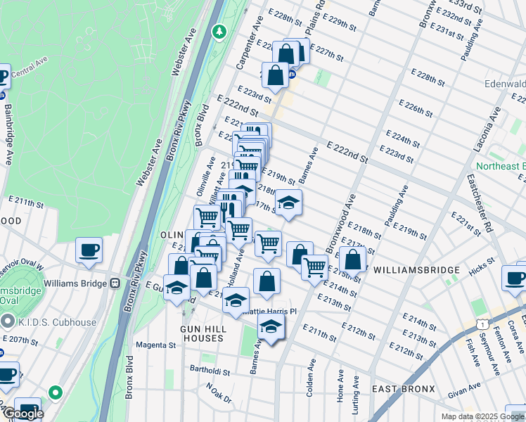 map of restaurants, bars, coffee shops, grocery stores, and more near 769 East 216th Street in The Bronx