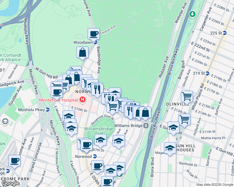 map of restaurants, bars, coffee shops, grocery stores, and more near 3530 Kings College Place in Bronx