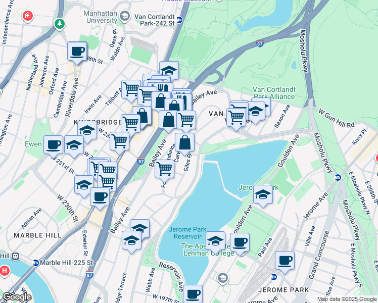 map of restaurants, bars, coffee shops, grocery stores, and more near 3438 Giles Place in Bronx