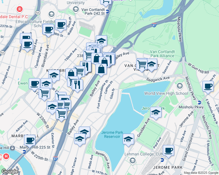map of restaurants, bars, coffee shops, grocery stores, and more near 3438 Giles Place in Bronx