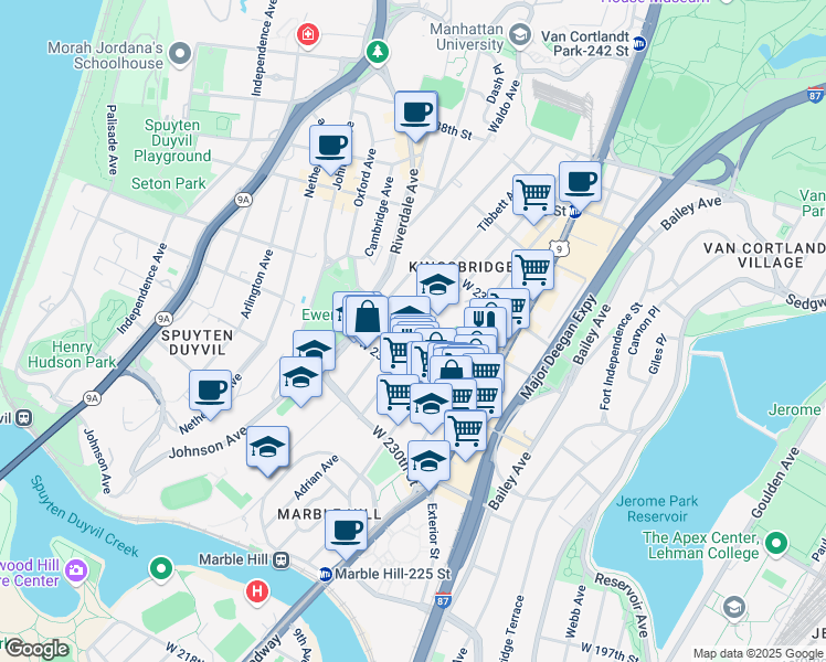 map of restaurants, bars, coffee shops, grocery stores, and more near 265 West 231st Street in The Bronx