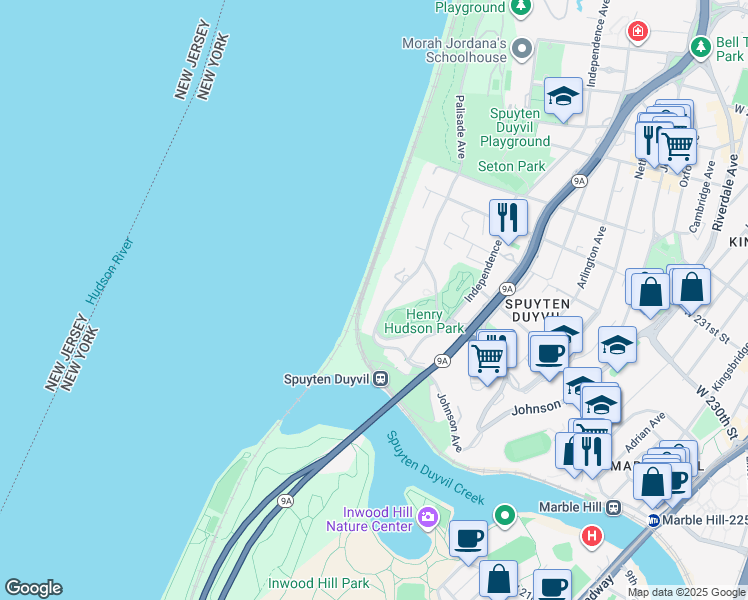 map of restaurants, bars, coffee shops, grocery stores, and more near 2501 Palisade Avenue in The Bronx