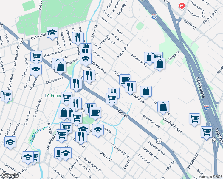 map of restaurants, bars, coffee shops, grocery stores, and more near 95 U.S. 46 in Lodi