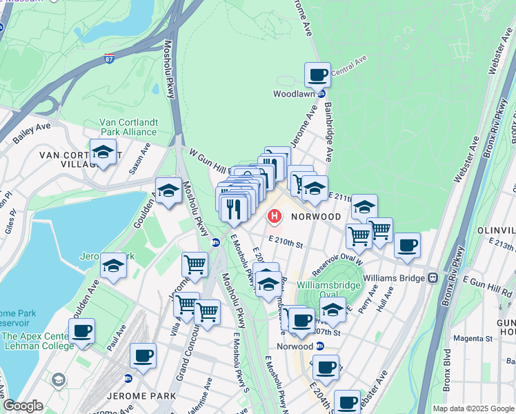 map of restaurants, bars, coffee shops, grocery stores, and more near 3421 Dekalb Avenue in Bronx