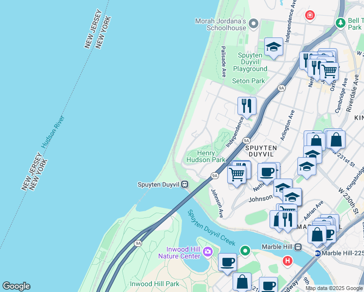map of restaurants, bars, coffee shops, grocery stores, and more near 2501 Palisade Avenue in The Bronx