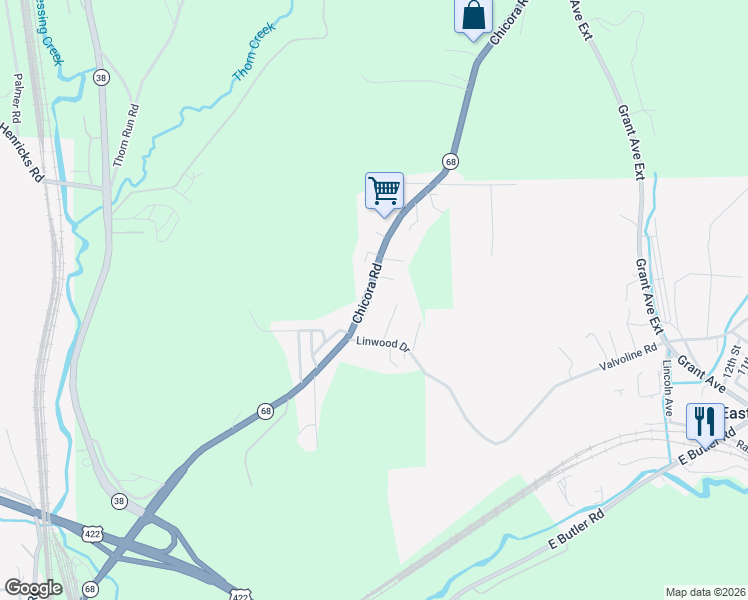 map of restaurants, bars, coffee shops, grocery stores, and more near 200 Chicora Road in Butler