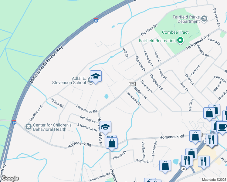 map of restaurants, bars, coffee shops, grocery stores, and more near 91 Hollywood Avenue in Fairfield