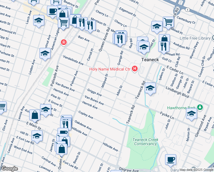 map of restaurants, bars, coffee shops, grocery stores, and more near 130 Sherman Avenue in Teaneck