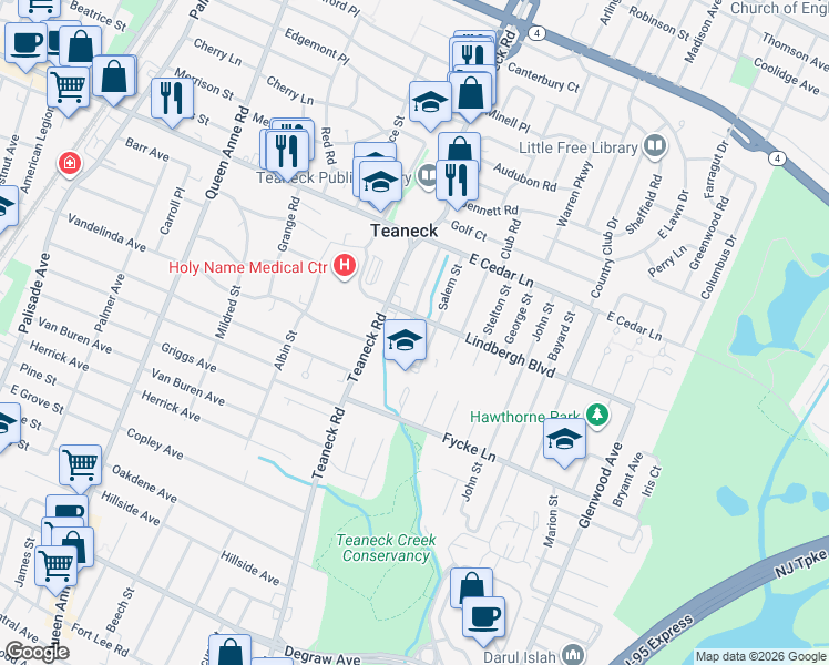 map of restaurants, bars, coffee shops, grocery stores, and more near 707 Salem Street in Teaneck