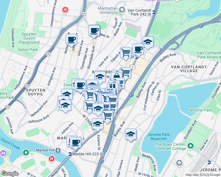 map of restaurants, bars, coffee shops, grocery stores, and more near 3204 Kingsbridge Avenue in Bronx