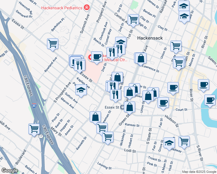 map of restaurants, bars, coffee shops, grocery stores, and more near 12 Lehigh Street in Hackensack