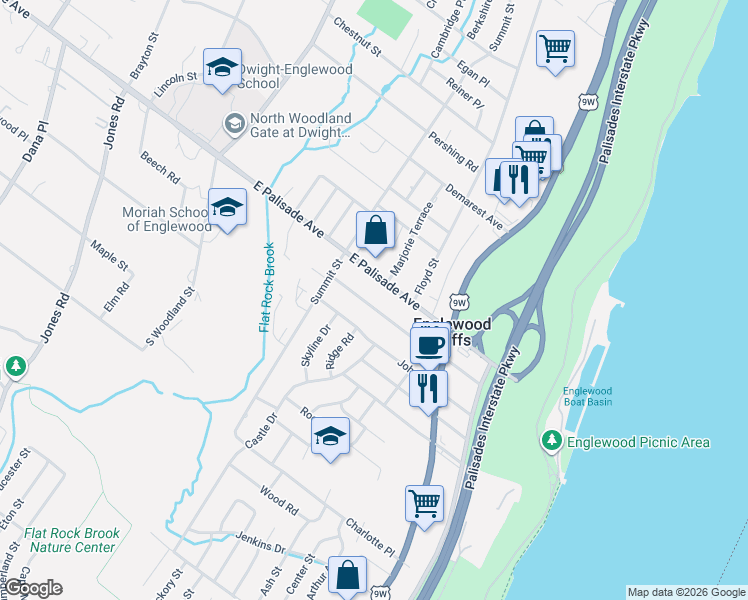 map of restaurants, bars, coffee shops, grocery stores, and more near 66 Dillingham Place in Englewood Cliffs