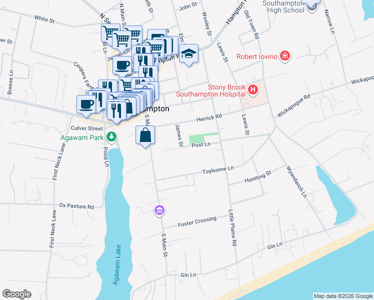 map of restaurants, bars, coffee shops, grocery stores, and more near 74 Post Lane in Southampton