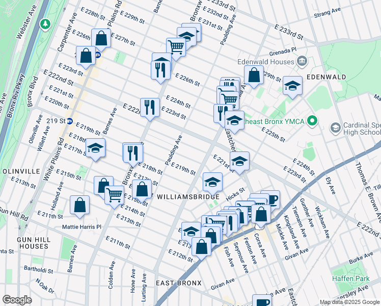 map of restaurants, bars, coffee shops, grocery stores, and more near 3830 Paulding Avenue in Bronx