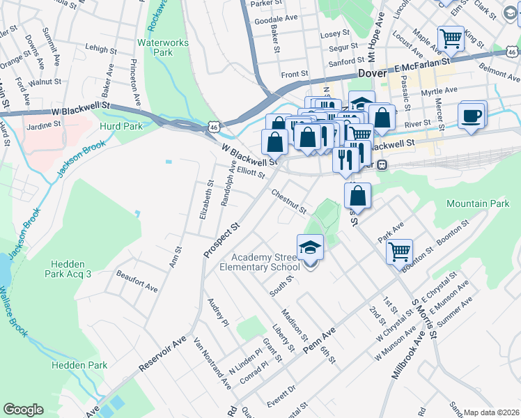 map of restaurants, bars, coffee shops, grocery stores, and more near 73 Thompson Avenue in Dover