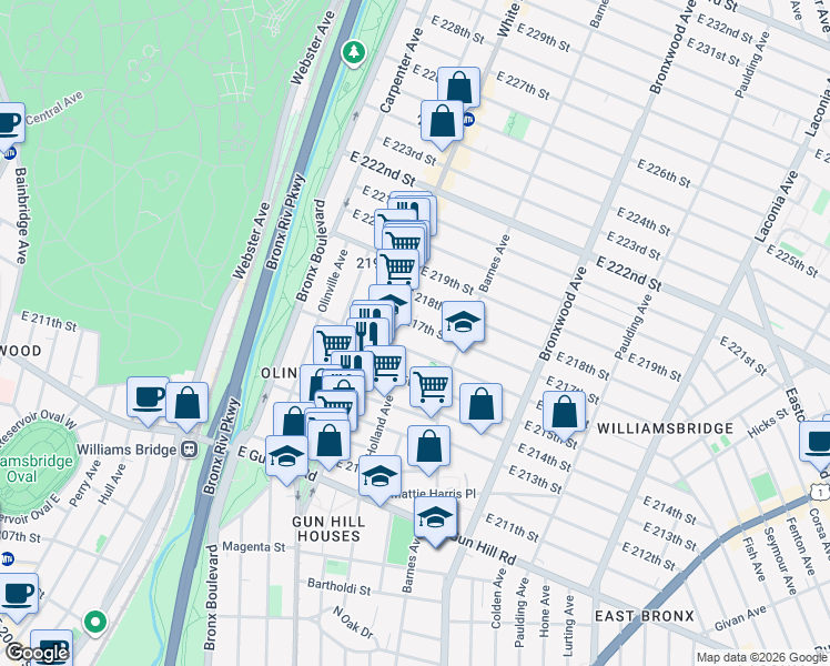 map of restaurants, bars, coffee shops, grocery stores, and more near 722 East 216th Street in Bronx
