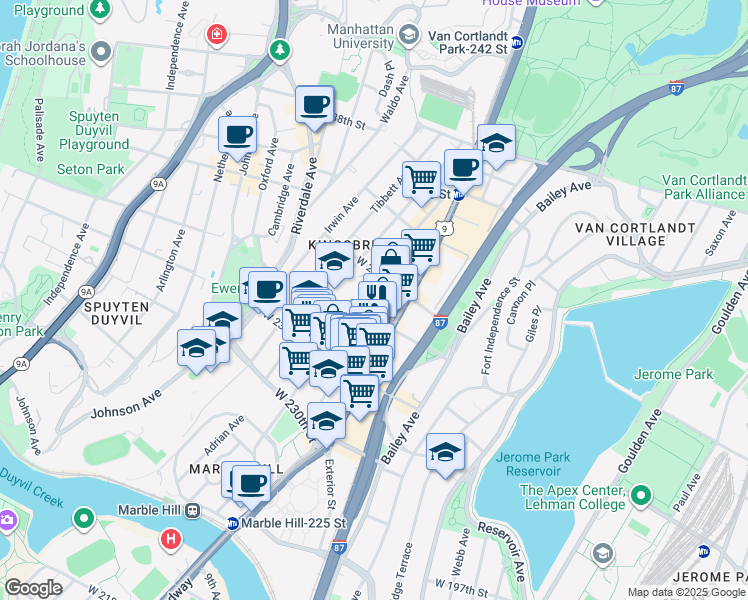 map of restaurants, bars, coffee shops, grocery stores, and more near 3204 Kingsbridge Avenue in Bronx