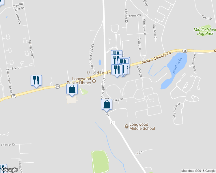 map of restaurants, bars, coffee shops, grocery stores, and more near 41 Fairview Circle in Middle Island