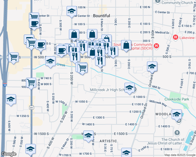 map of restaurants, bars, coffee shops, grocery stores, and more near 650 South Main Street in Bountiful