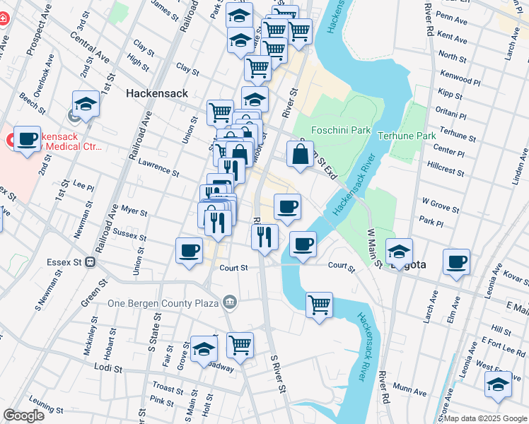 map of restaurants, bars, coffee shops, grocery stores, and more near 80 River Street in Hackensack
