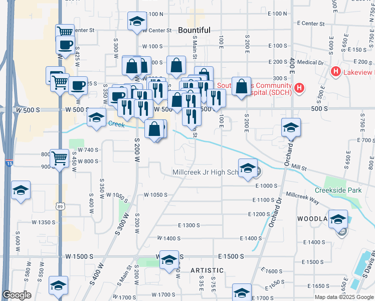 map of restaurants, bars, coffee shops, grocery stores, and more near 650 South Main Street in Bountiful