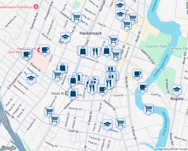 map of restaurants, bars, coffee shops, grocery stores, and more near 77 Myer Street in Hackensack