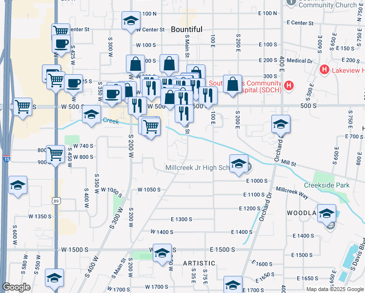 map of restaurants, bars, coffee shops, grocery stores, and more near 761 South Main Street in Bountiful