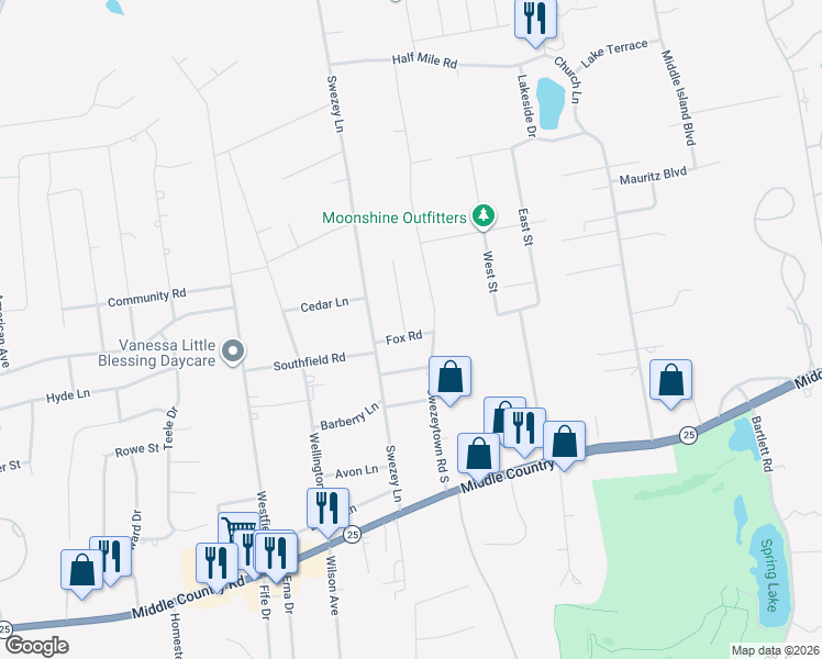 map of restaurants, bars, coffee shops, grocery stores, and more near 4 Fox Road in Middle Island