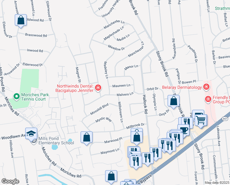 map of restaurants, bars, coffee shops, grocery stores, and more near 45 Malvern Lane in Stony Brook