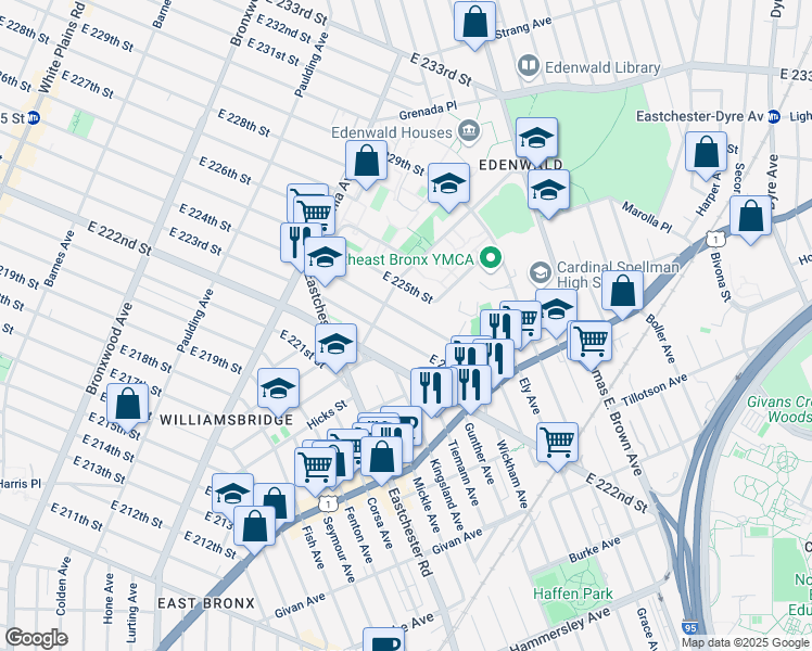 map of restaurants, bars, coffee shops, grocery stores, and more near 1261 East 223rd Street in Bronx