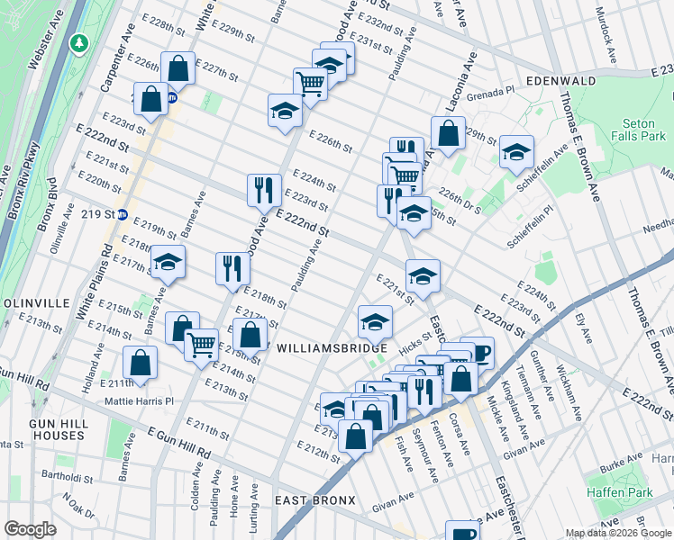 map of restaurants, bars, coffee shops, grocery stores, and more near 1046 East 220th Street in Bronx