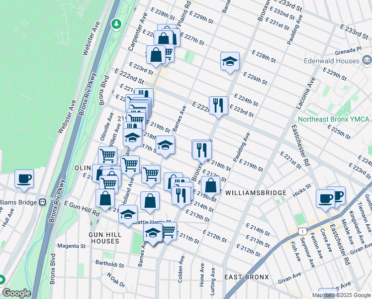map of restaurants, bars, coffee shops, grocery stores, and more near 854 East 218th Street in The Bronx