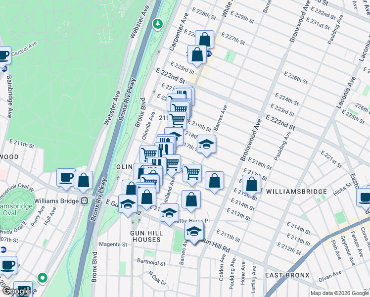 map of restaurants, bars, coffee shops, grocery stores, and more near 722 East 216th Street in Bronx