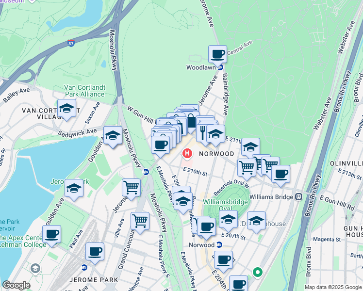 map of restaurants, bars, coffee shops, grocery stores, and more near 3444 Kossuth Avenue in Bronx