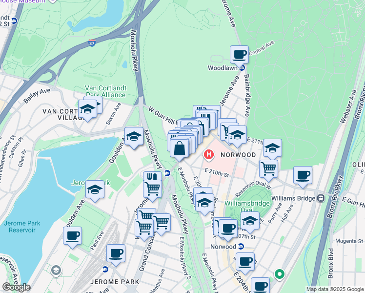 map of restaurants, bars, coffee shops, grocery stores, and more near 444 Jerome Avenue in The Bronx