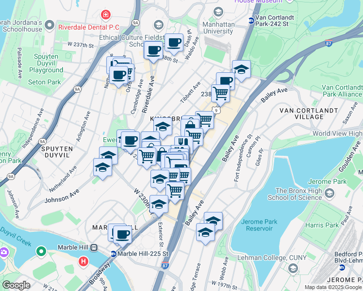 map of restaurants, bars, coffee shops, grocery stores, and more near 3204 Kingsbridge Avenue in Bronx