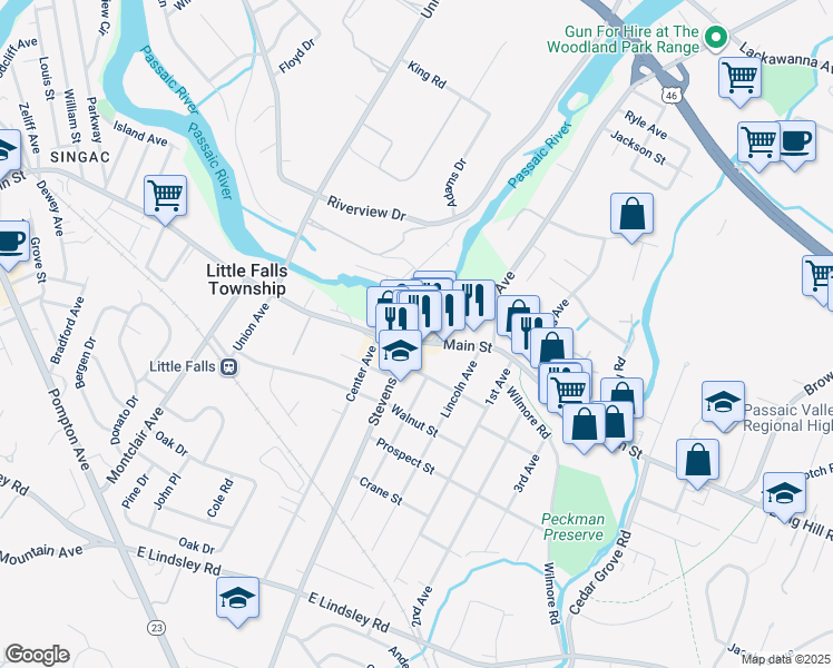 map of restaurants, bars, coffee shops, grocery stores, and more near 71 Main Street in Little Falls