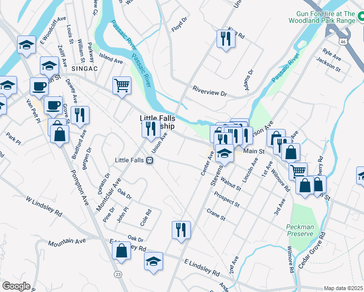 map of restaurants, bars, coffee shops, grocery stores, and more near 7 Shady Lane in Little Falls