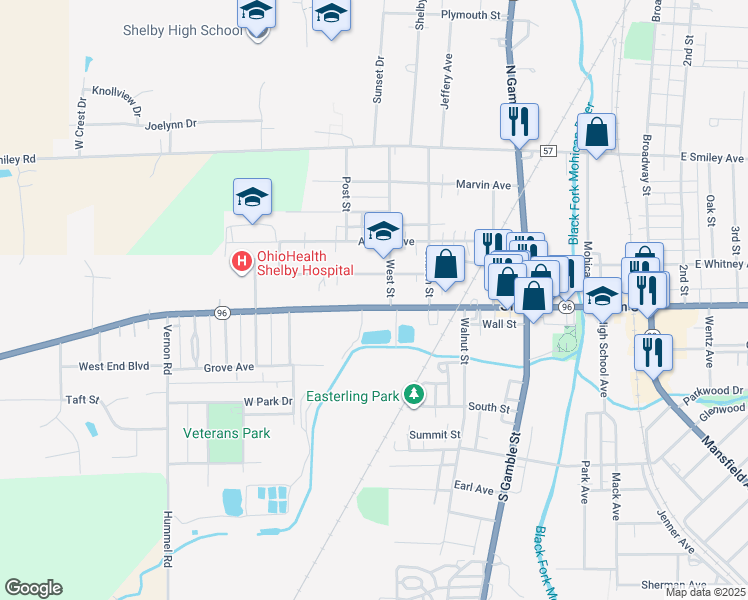 map of restaurants, bars, coffee shops, grocery stores, and more near in Shelby