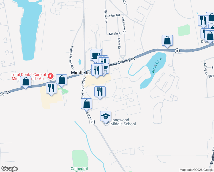 map of restaurants, bars, coffee shops, grocery stores, and more near 154 Fairview Circle in Middle Island