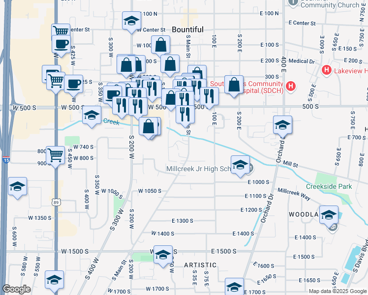 map of restaurants, bars, coffee shops, grocery stores, and more near 761 South Main Street in Bountiful