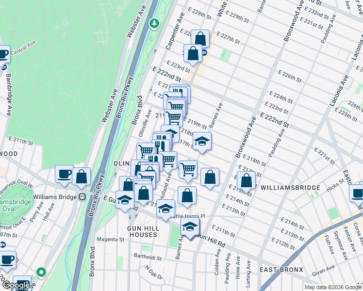 map of restaurants, bars, coffee shops, grocery stores, and more near 722 East 216th Street in Bronx